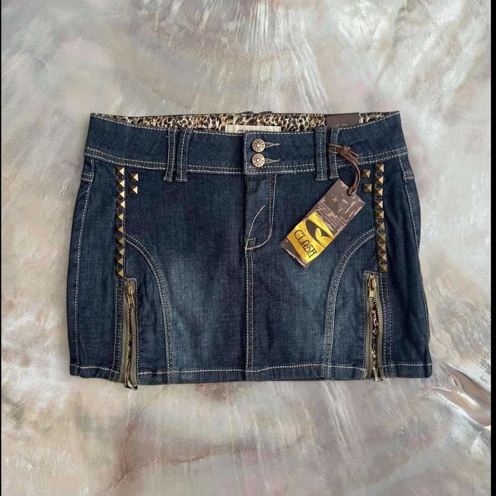 Clash Jeans Y2K Cheetah Print Studded Denim Mini Skirt Mcbling Deadstock Large